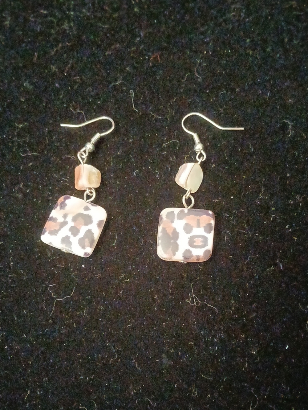 Handmade Leopard Print Dangle Earrings in Brown and Beige